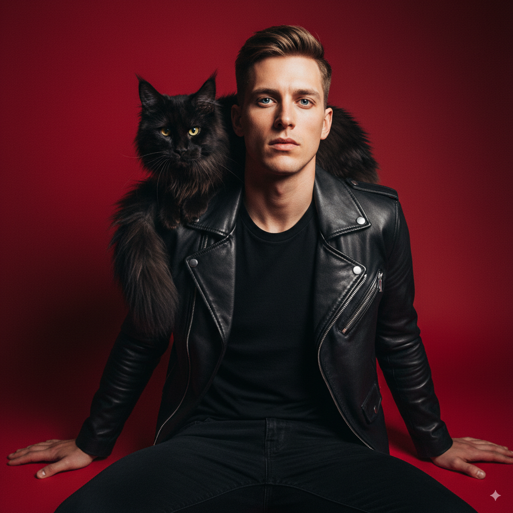 Cinematic Crimson Portrait with Maine Coon Cat preview