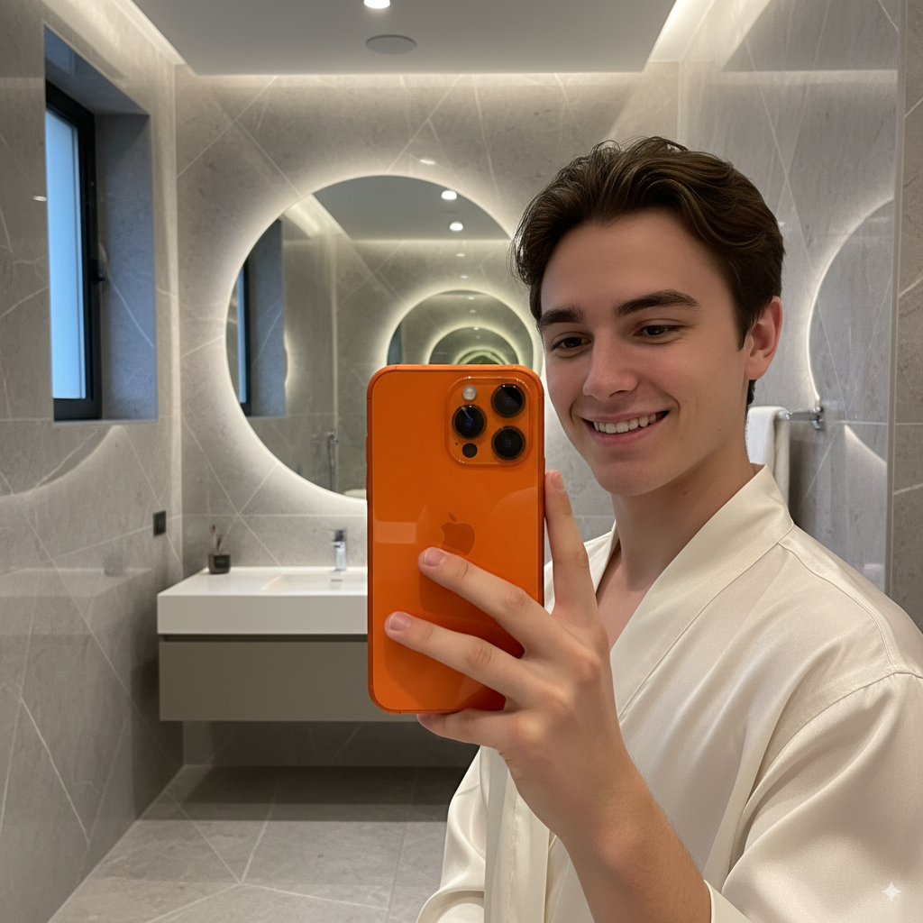 Premium Bathroom Selfie with Orange iPhone 17 Pro Max preview